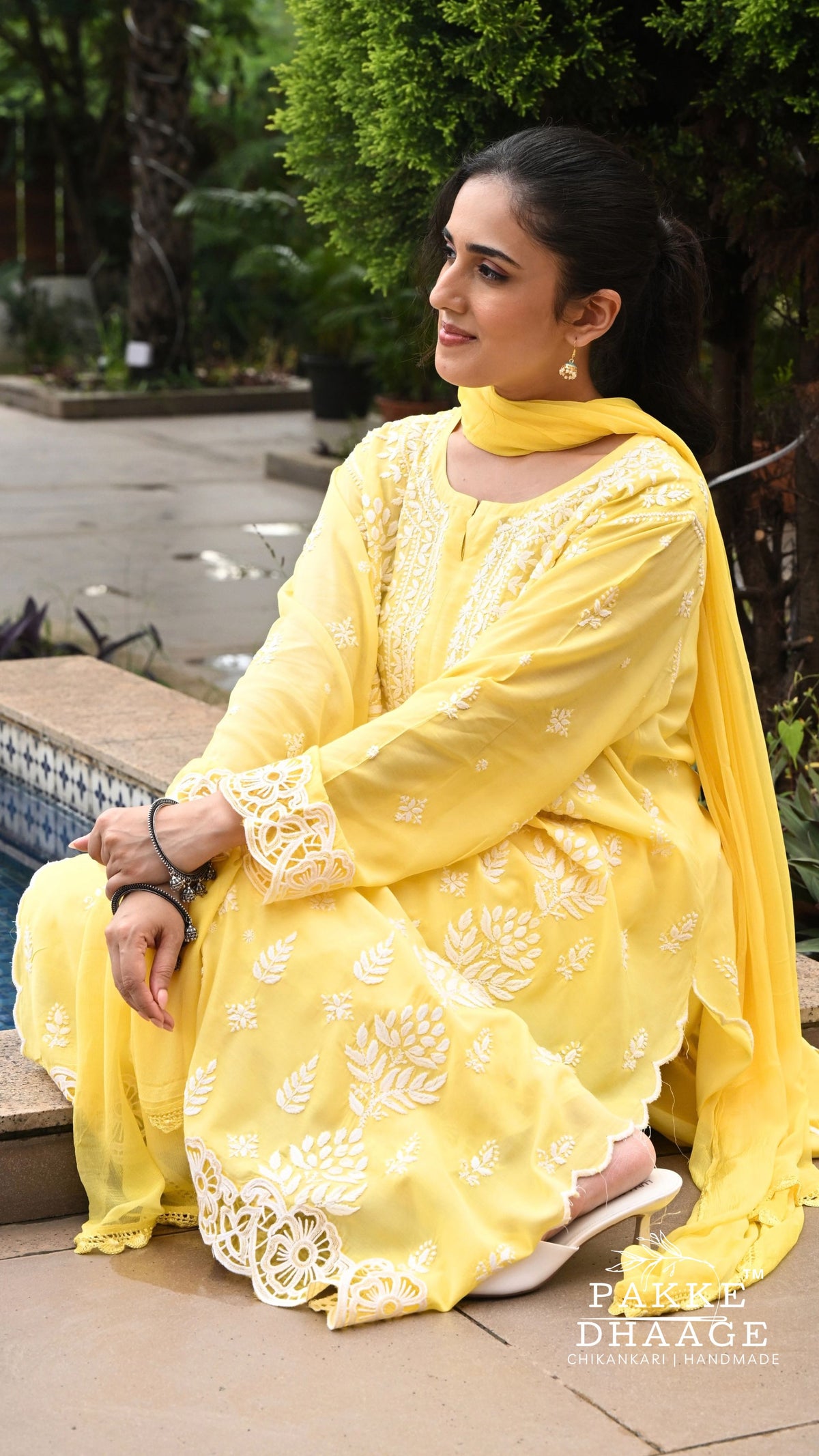 Zeenat Chikankari Lace Cutwork Kurta Set with Dupatta 3-Pc Set - Soft Primrose Yellow