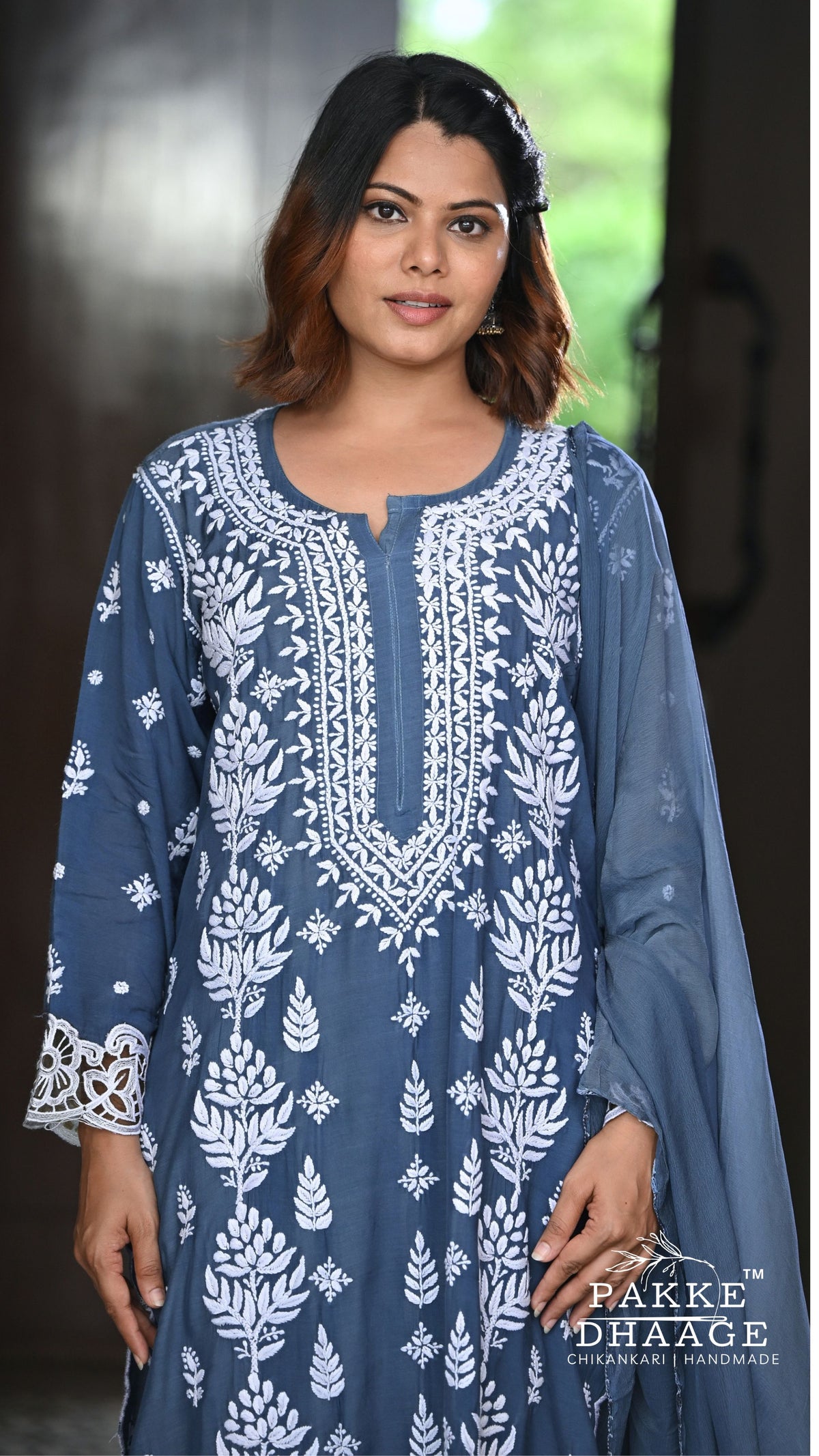 Zeenat Chikankari Lace Cutwork Kurta Set with Dupatta 3-Pc Set - Smoky Indigo