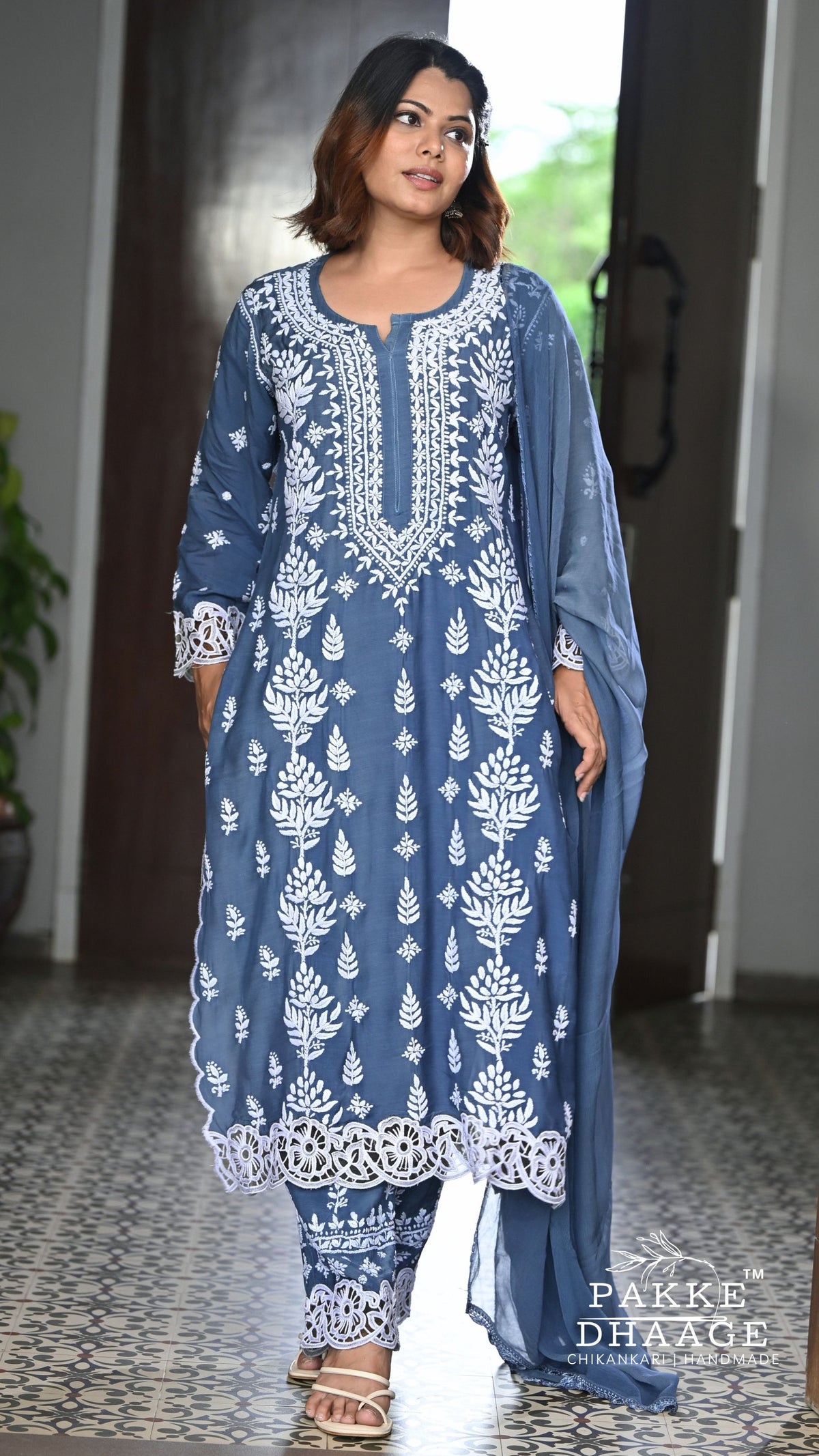 Zeenat Chikankari Lace Cutwork Kurta Set with Dupatta 3-Pc Set - Smoky Indigo