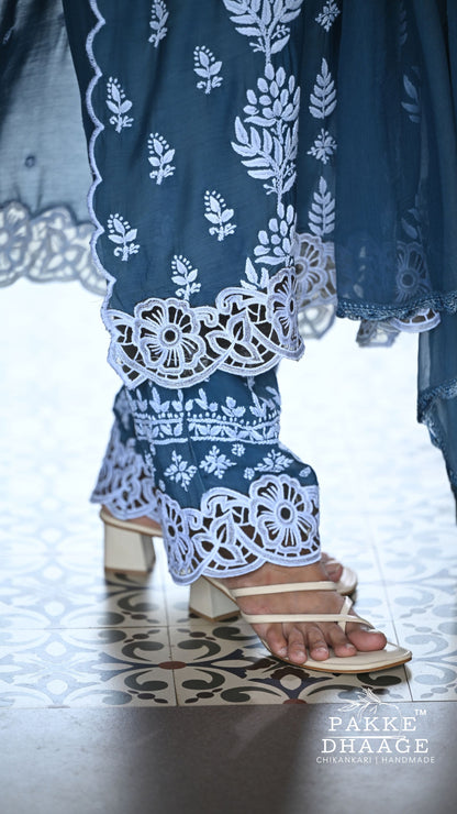 Zeenat Chikankari Lace Cutwork Kurta Set with Dupatta 3-Pc Set - Smoky Indigo