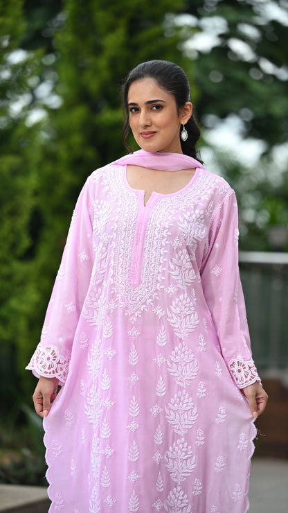 Zeenat Chikankari Lace Cutwork Kurta Set with Dupatta 3-Pc Set - Rosewater Pink