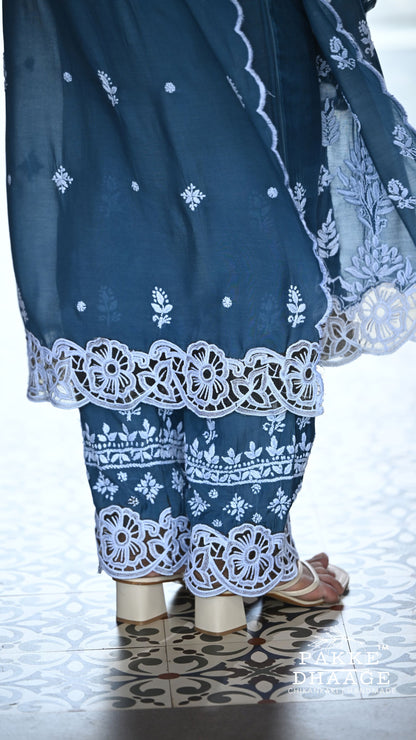 Zeenat Chikankari Lace Cutwork Kurta Set with Dupatta 3-Pc Set - Smoky Indigo