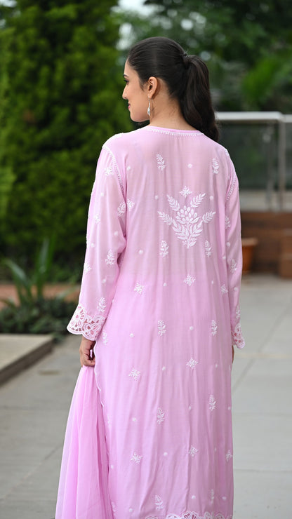 Zeenat Chikankari Lace Cutwork Kurta Set with Dupatta 3-Pc Set - Rosewater Pink