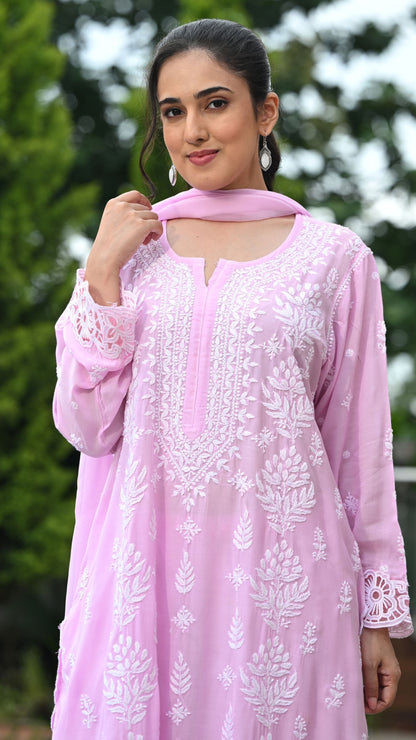 Zeenat Chikankari Lace Cutwork Kurta Set with Dupatta 3-Pc Set - Rosewater Pink