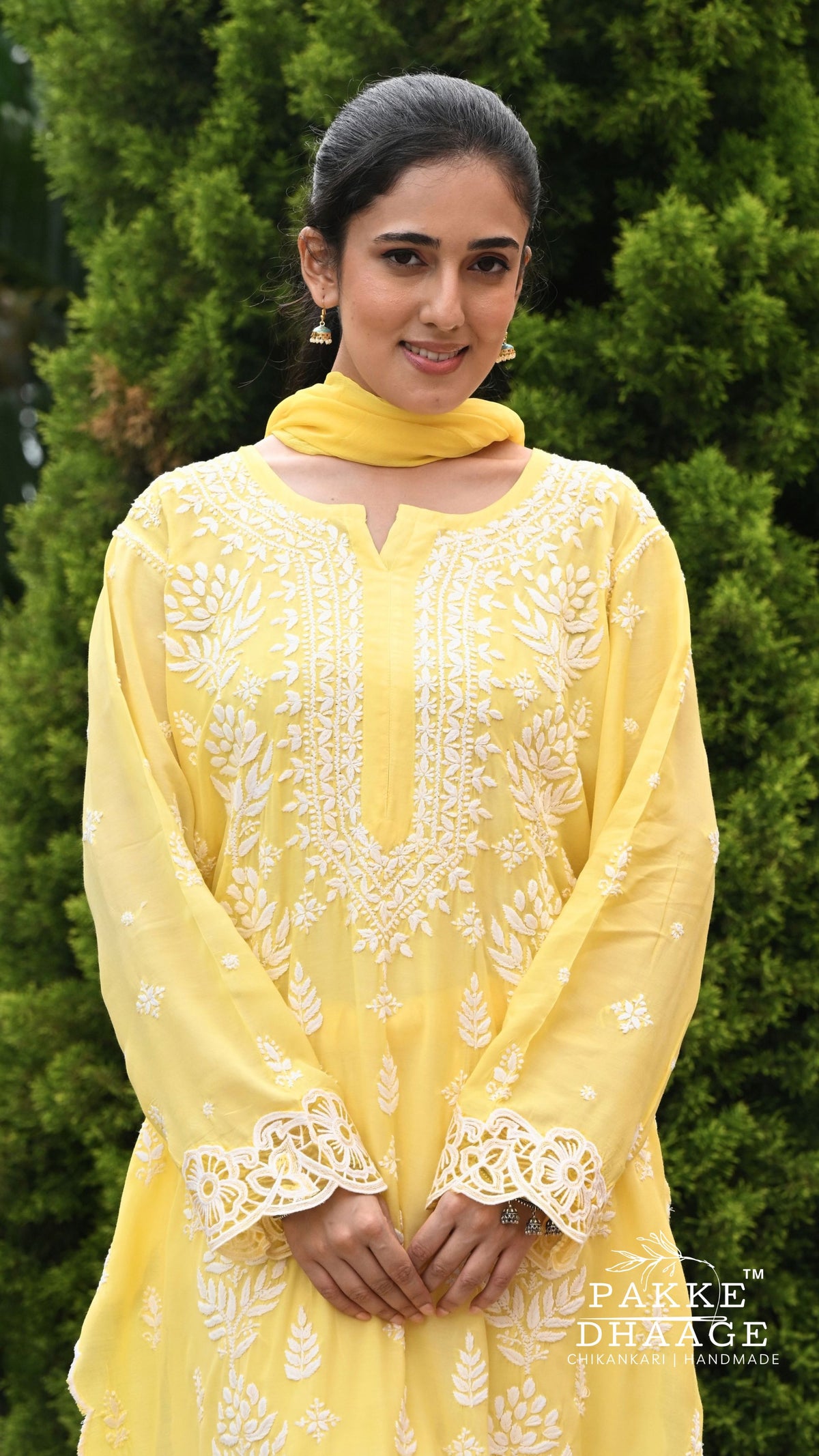 Zeenat Chikankari Lace Cutwork Kurta Set with Dupatta 3-Pc Set - Soft Primrose Yellow