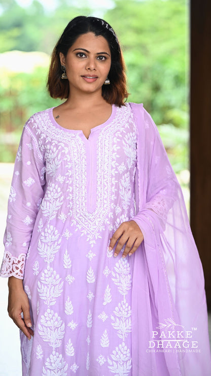 Zeenat Chikankari Lace Cutwork Kurta Set with Dupatta 3-Pc Set - Lilac Mist