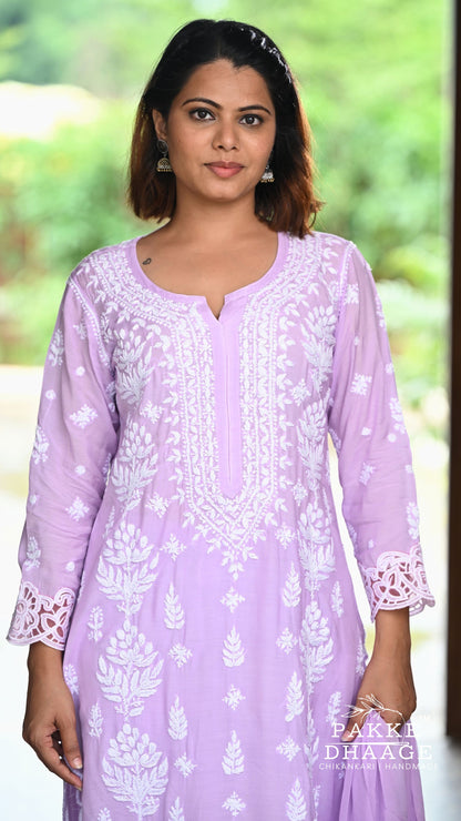 Zeenat Chikankari Lace Cutwork Kurta Set with Dupatta 3-Pc Set - Lilac Mist