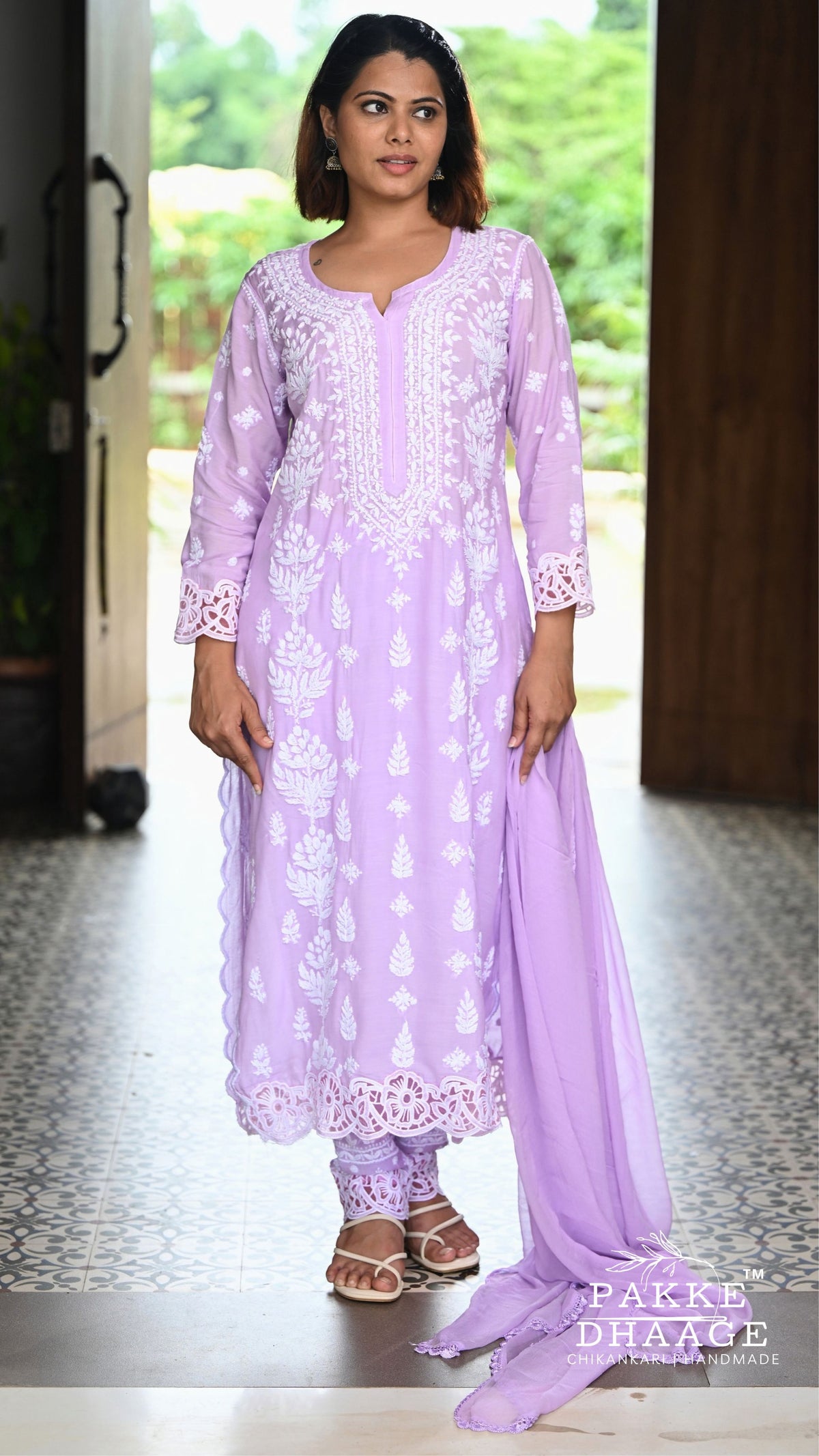 Zeenat Chikankari Lace Cutwork Kurta Set with Dupatta 3-Pc Set - Lilac Mist