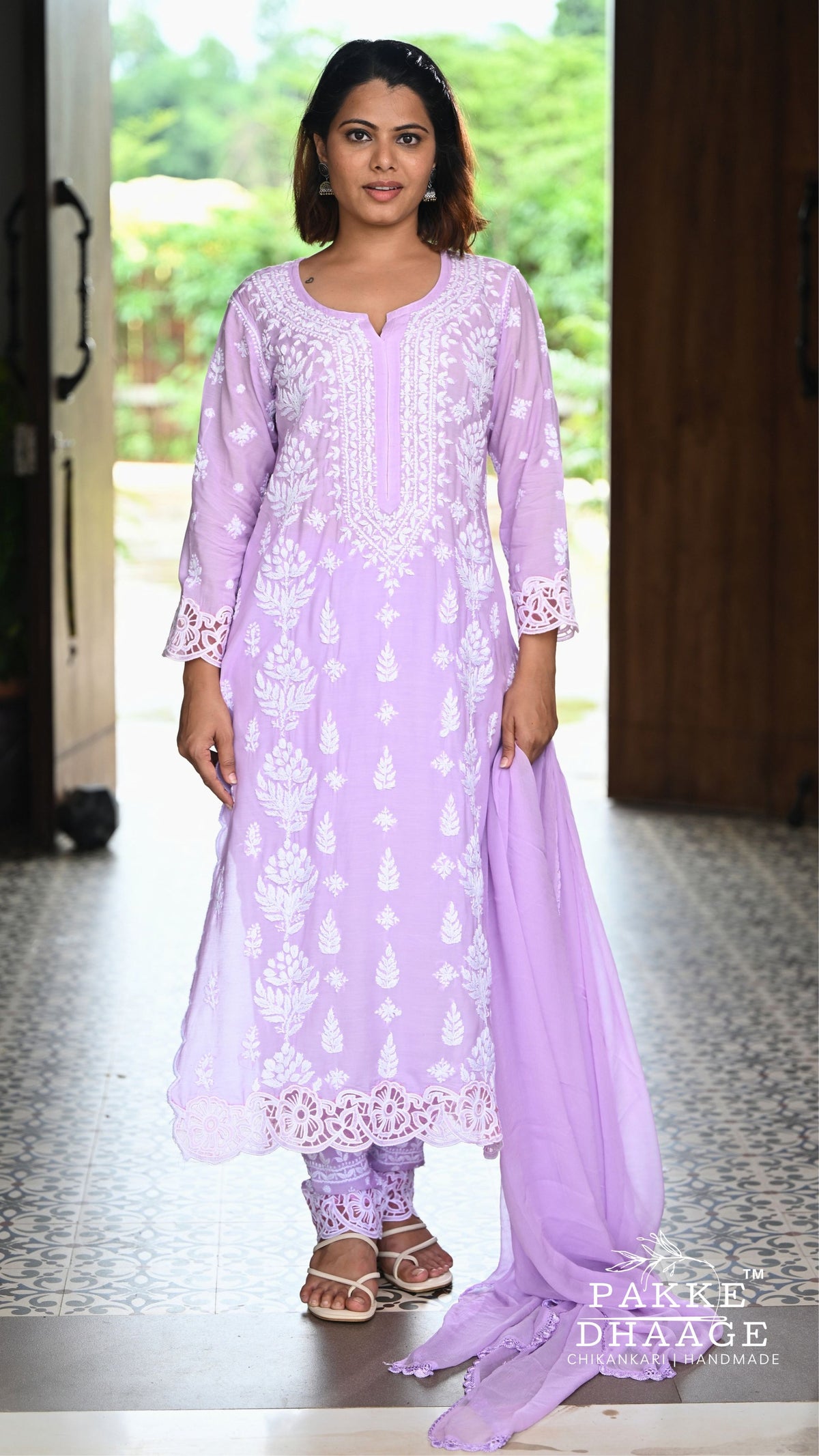 Zeenat Chikankari Lace Cutwork Kurta Set with Dupatta 3-Pc Set - Lilac Mist