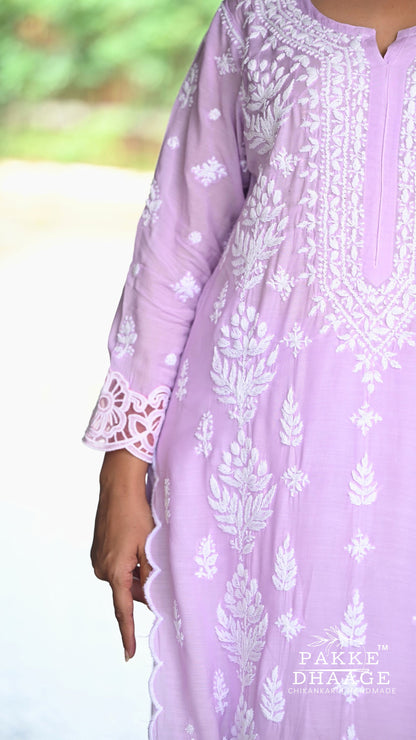Zeenat Chikankari Lace Cutwork Kurta Set with Dupatta 3-Pc Set - Lilac Mist