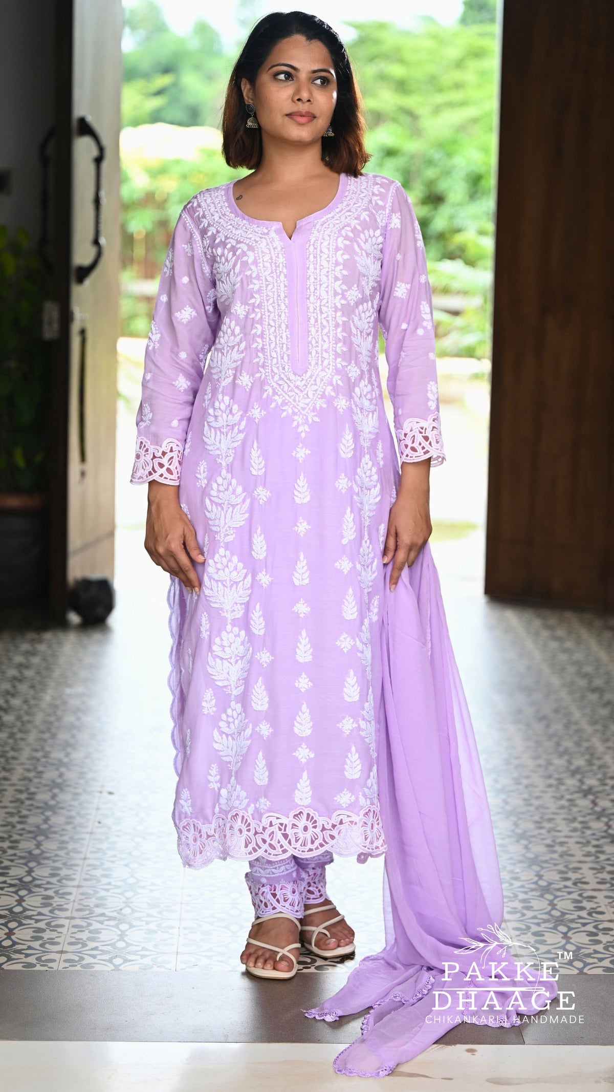 Zeenat Chikankari Lace Cutwork Kurta Set with Dupatta 3-Pc Set - Lilac Mist