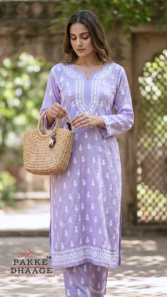 Sana Premium Modal Chikankari Kurta Pant 2PC Set Lavender Mist