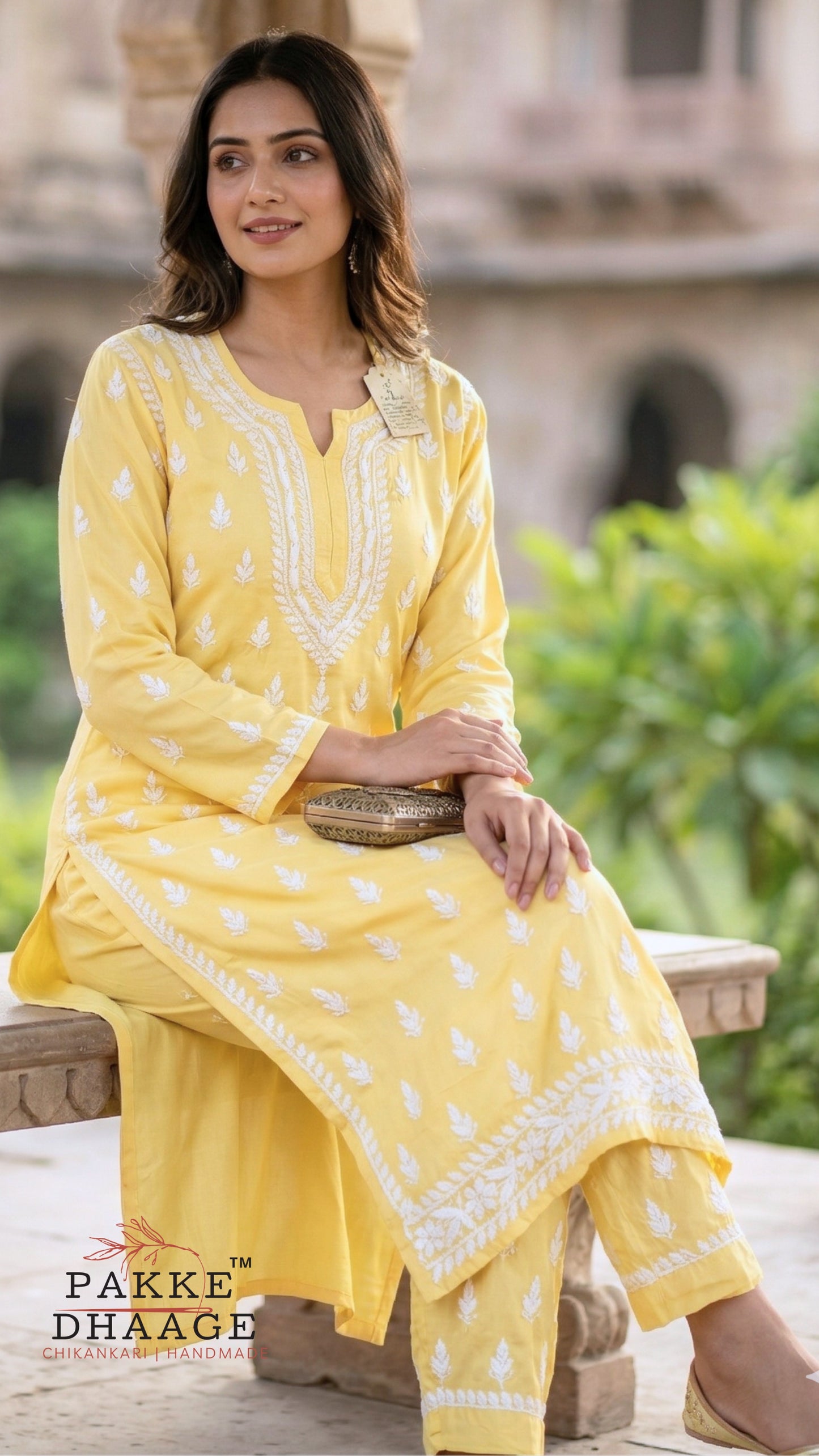 Sana Premium Modal Chikankari Kurta Pant 2PC Set Sunshine Yellow