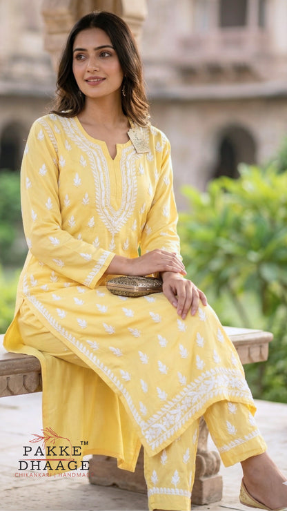 Sana Premium Modal Chikankari Kurta Pant 2PC Set Sunshine Yellow