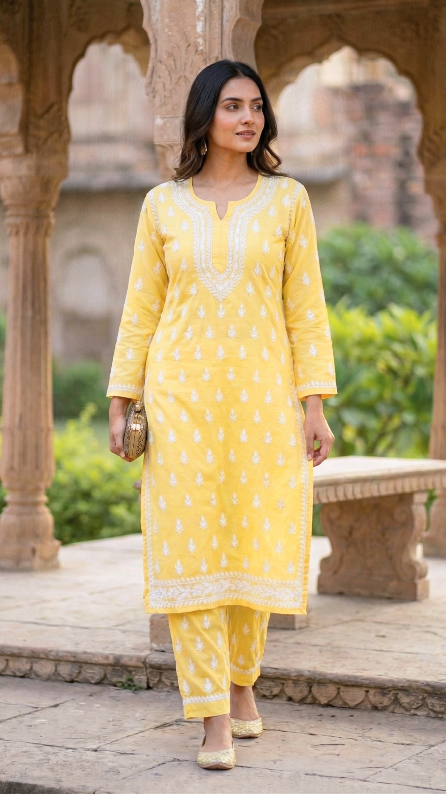 Sana Premium Modal Chikankari Kurta Pant 2PC Set Sunshine Yellow