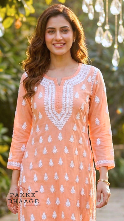 Sana Premium Modal Chikankari Kurta Pant 2PC Set Muskmelon Peach