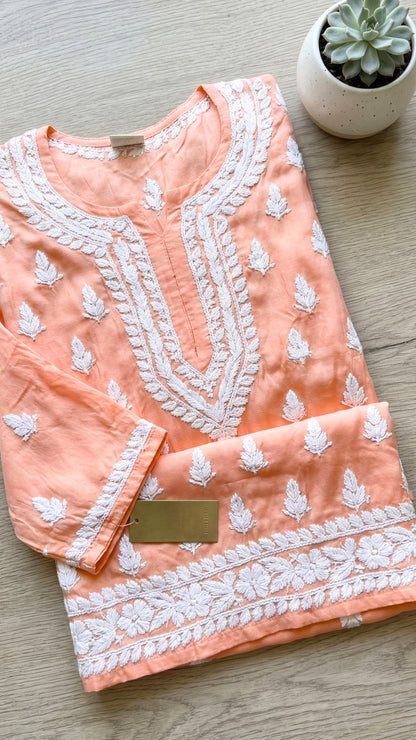 Sana Premium Modal Chikankari Kurta Pant 2PC Set Muskmelon Peach