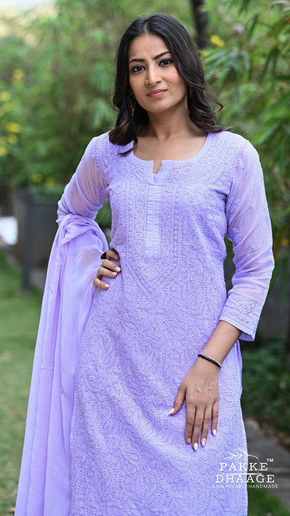 Nazia Pure Kota Doria Chikankari Kurta and Kurta Sets - Orchid Lilac
