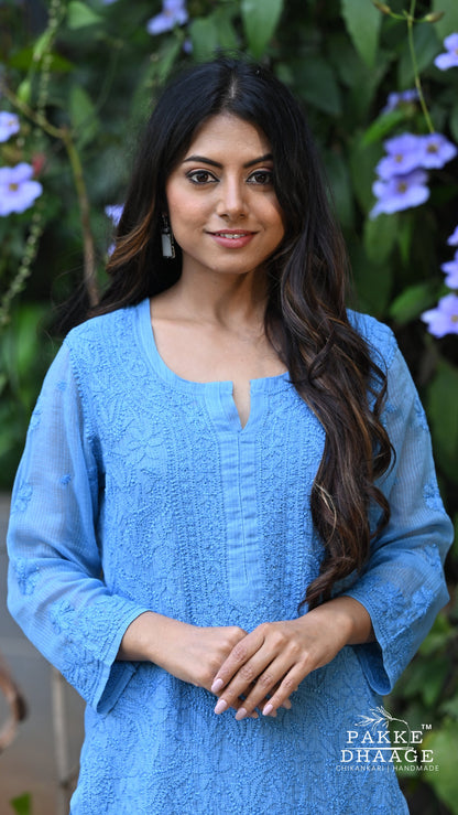 Nazia Pure Kota Doria Chikankari Kurta and Kurta Sets - French Blue