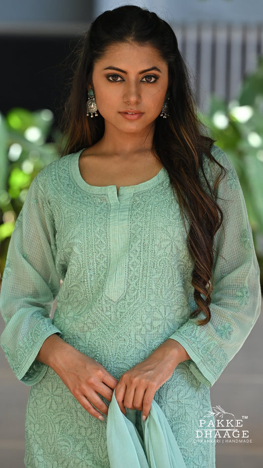Nazia Pure Kota Doria Chikankari Kurta and Kurta Sets - Sage Green
