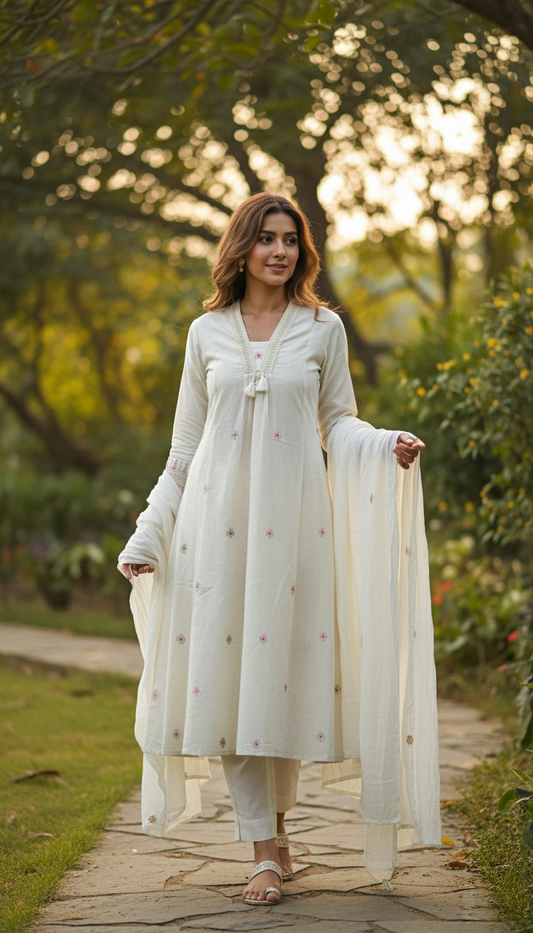 Needle Art Embroidered 3-Pc Suit Set - Ivory Pearl