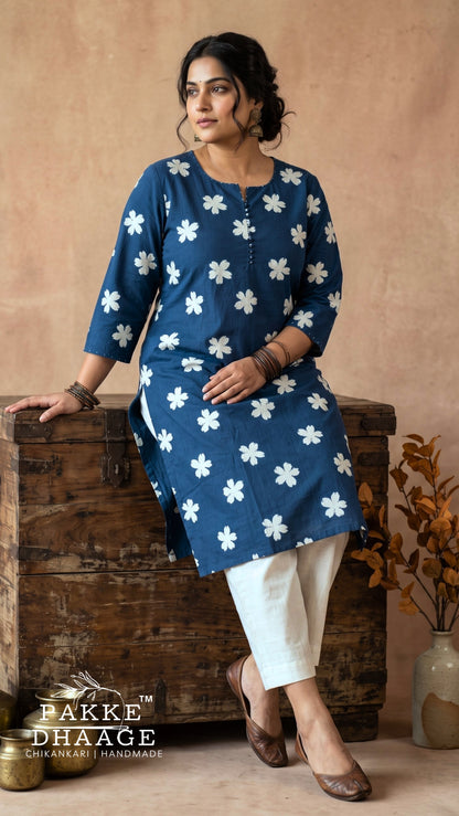 Indigo Blue Floral Print Cotton Straight Kurta (Plus Size)