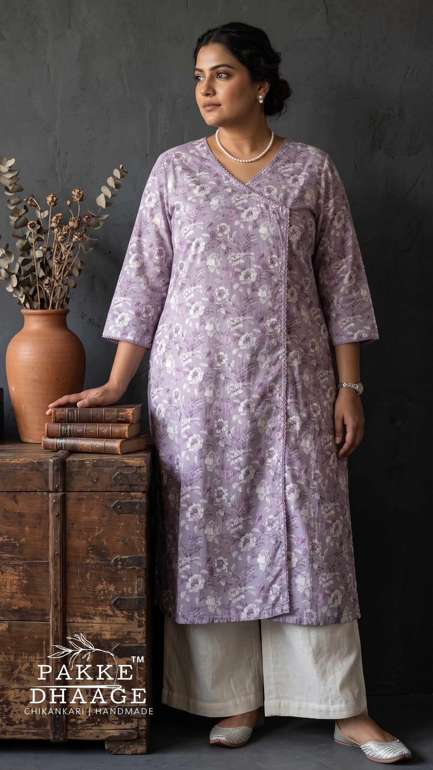Lilac Lavender Floral Angrakha Print Cotton Straight Kurta (Plus Size)