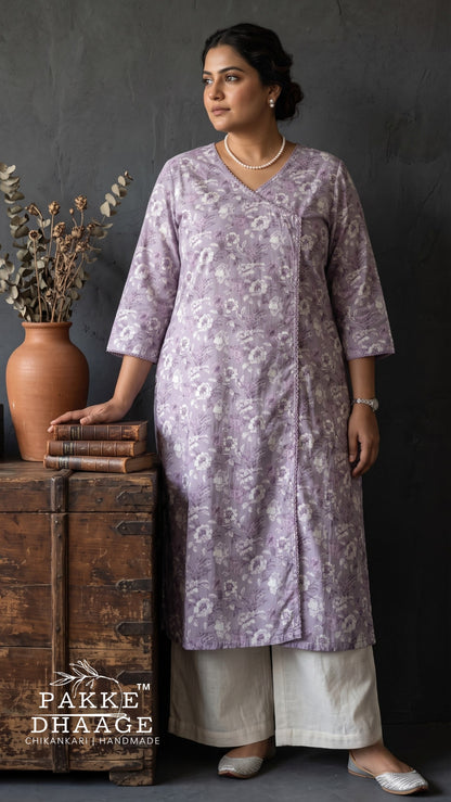 Lilac Lavender Floral Angrakha Print Cotton Straight Kurta (Plus Size)