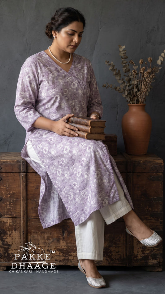 Lilac Lavender Floral Angrakha Print Cotton Straight Kurta (Plus Size)