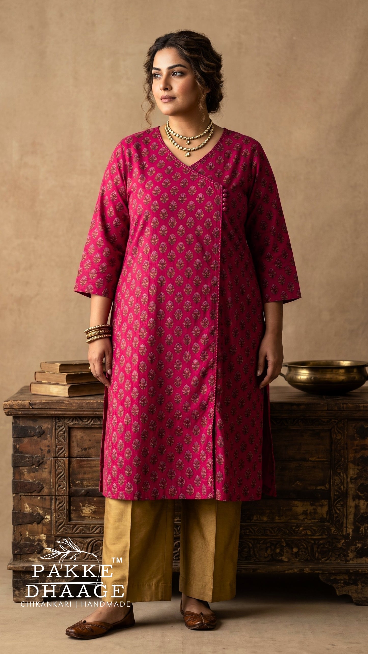 Magenta Floral Angrakha Style Cotton Straight Kurta (Plus Size)