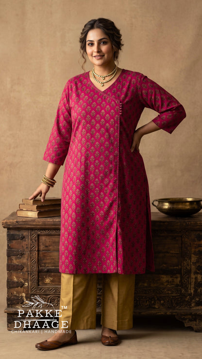 Magenta Floral Angrakha Style Cotton Straight Kurta (Plus Size)