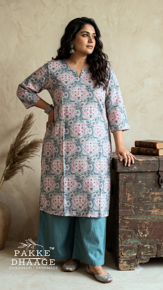 Teal & Rose Floral Medallion Print Cotton Straight Kurta (Plus Size)