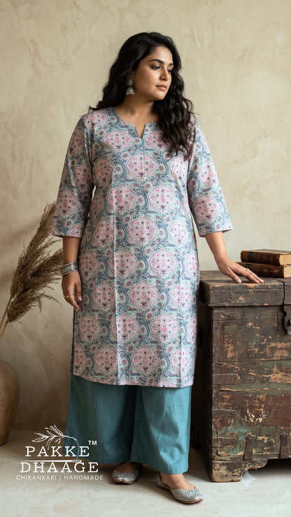 Teal & Rose Floral Medallion Print Cotton Straight Kurta (Plus Size)