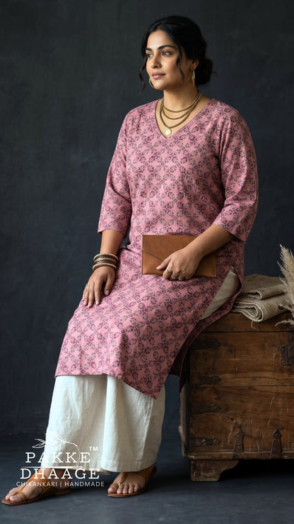 Dusty Rose Floral Print Cotton V-Neck Straight Kurta (Plus Size)