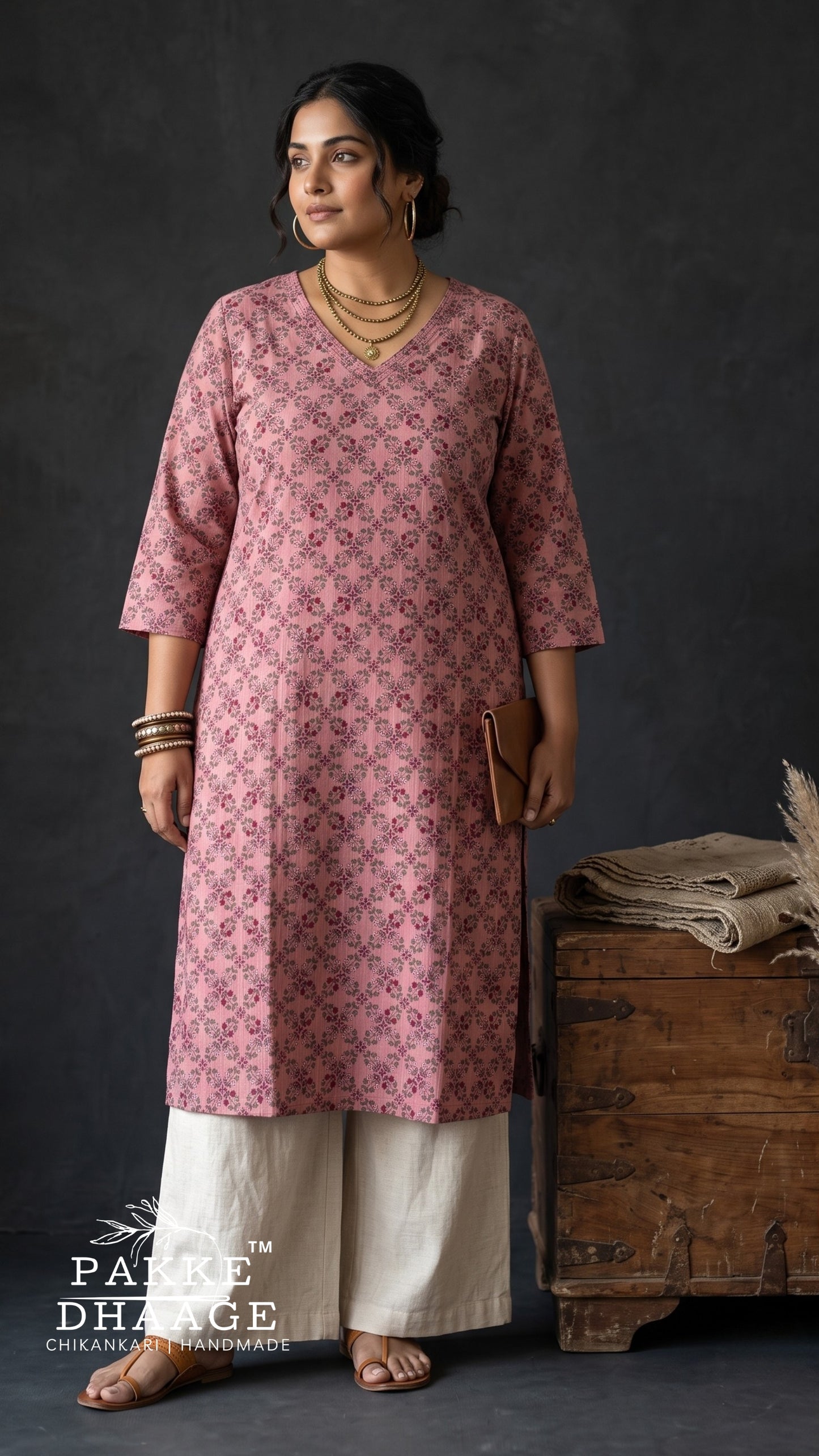Dusty Rose Floral Print Cotton V-Neck Straight Kurta (Plus Size)