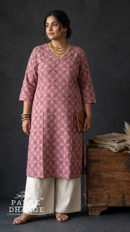 Dusty Rose Floral Print Cotton V-Neck Straight Kurta (Plus Size)