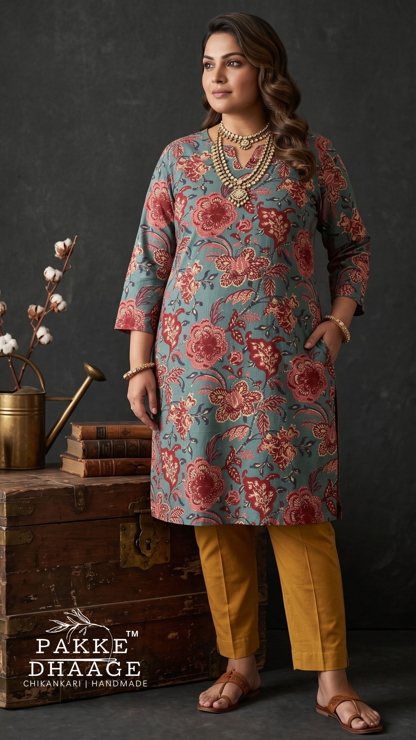 Slate Teal Kalamkari Floral Cotton Straight Kurta with Pockets (Plus Size)