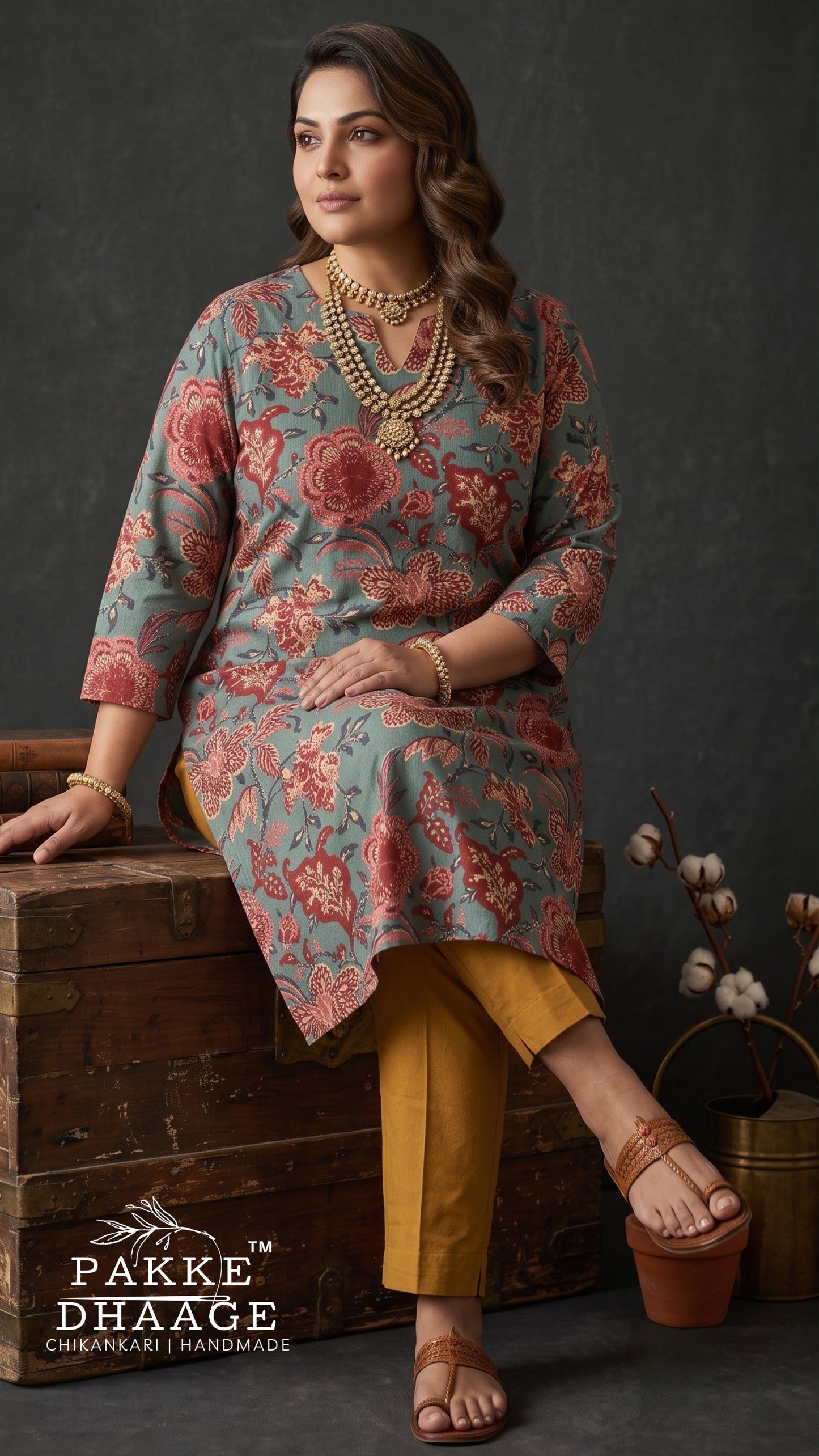 Slate Teal Kalamkari Floral Cotton Straight Kurta with Pockets (Plus Size)