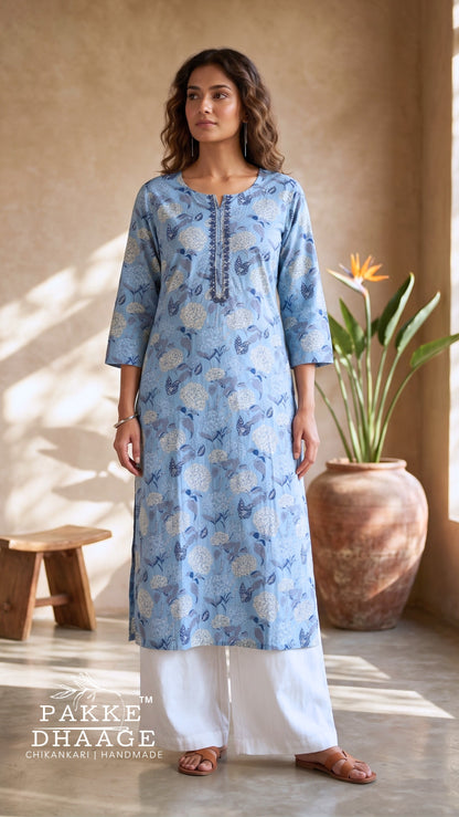 Serene Sky Blue Floral Cluster 100% Premium Cotton Kurta
