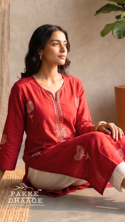 Crimson Red Minimalist Floral 100% Premium Cotton Kurta