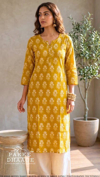 Radiant Mustard Yellow Floral Print Kurta | Pakke Dhaage