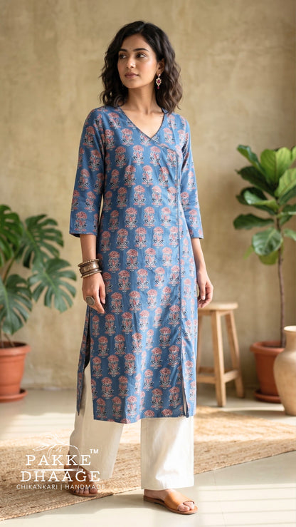 Slate Blue Angrakha Style Floral Kurta