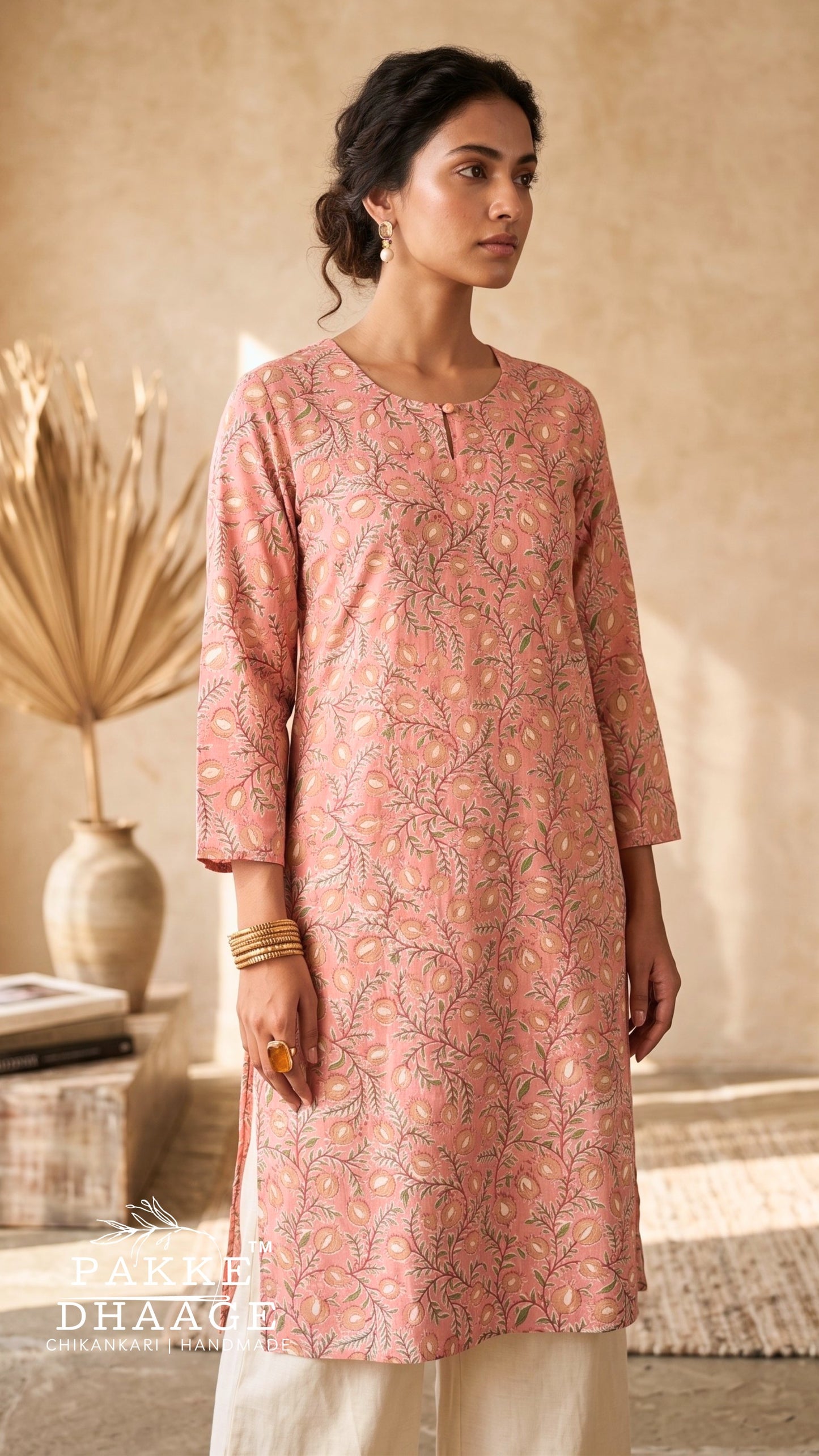 Blush Pink Botanical Vine Printed 100% Cotton Kurta