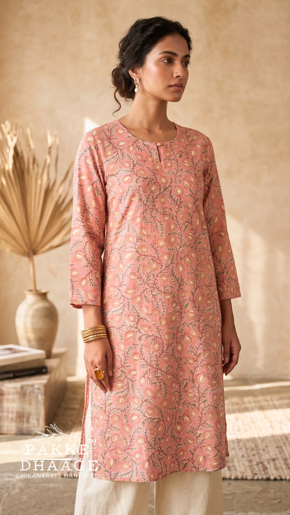 Blush Pink Botanical Vine Printed 100% Cotton Kurta