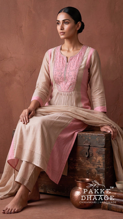 A woman seated on a rustic wooden chest wearing a traditional beige and pink embroidered kurta set with a dupatta, photographed against a warm terracotta backdrop. The brand name 'Pakke Dhaage' is visible in the lower right corner.