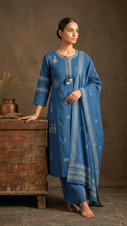 Model standing wearing an indigo blue pure cotton straight kurta set featuring fine white ethnic motif prints, keyhole tassel tie-up, straight pants, and a matching printed dupatta. | Pakke Dhaage