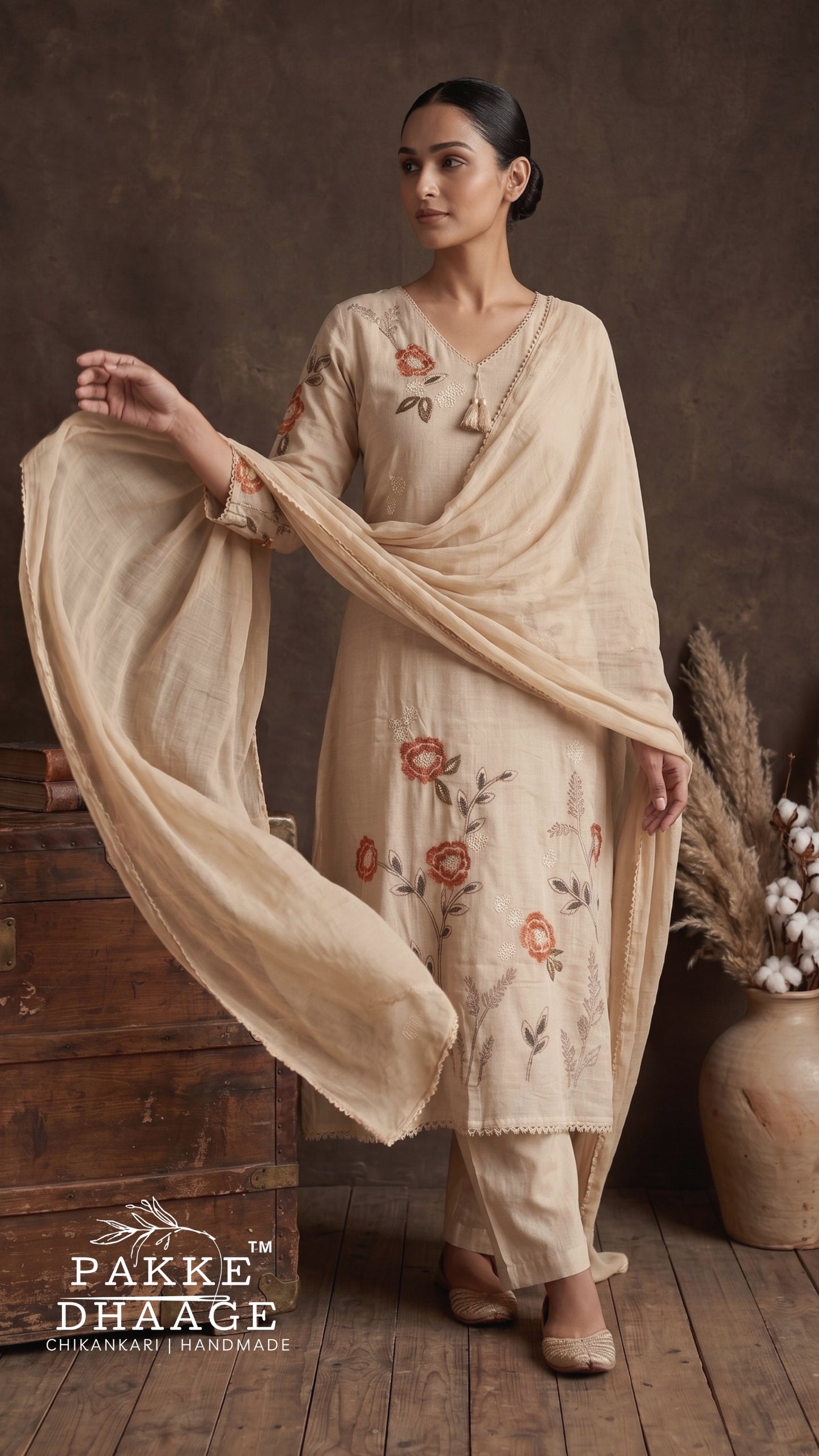 Warm Beige Floral Embroidered Pure Cotton Kurta Set with Dupatta (3-Piece)