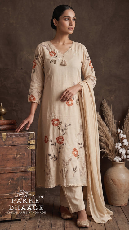 Warm Beige Floral Embroidered Pure Cotton Kurta Set with Dupatta (3-Piece)