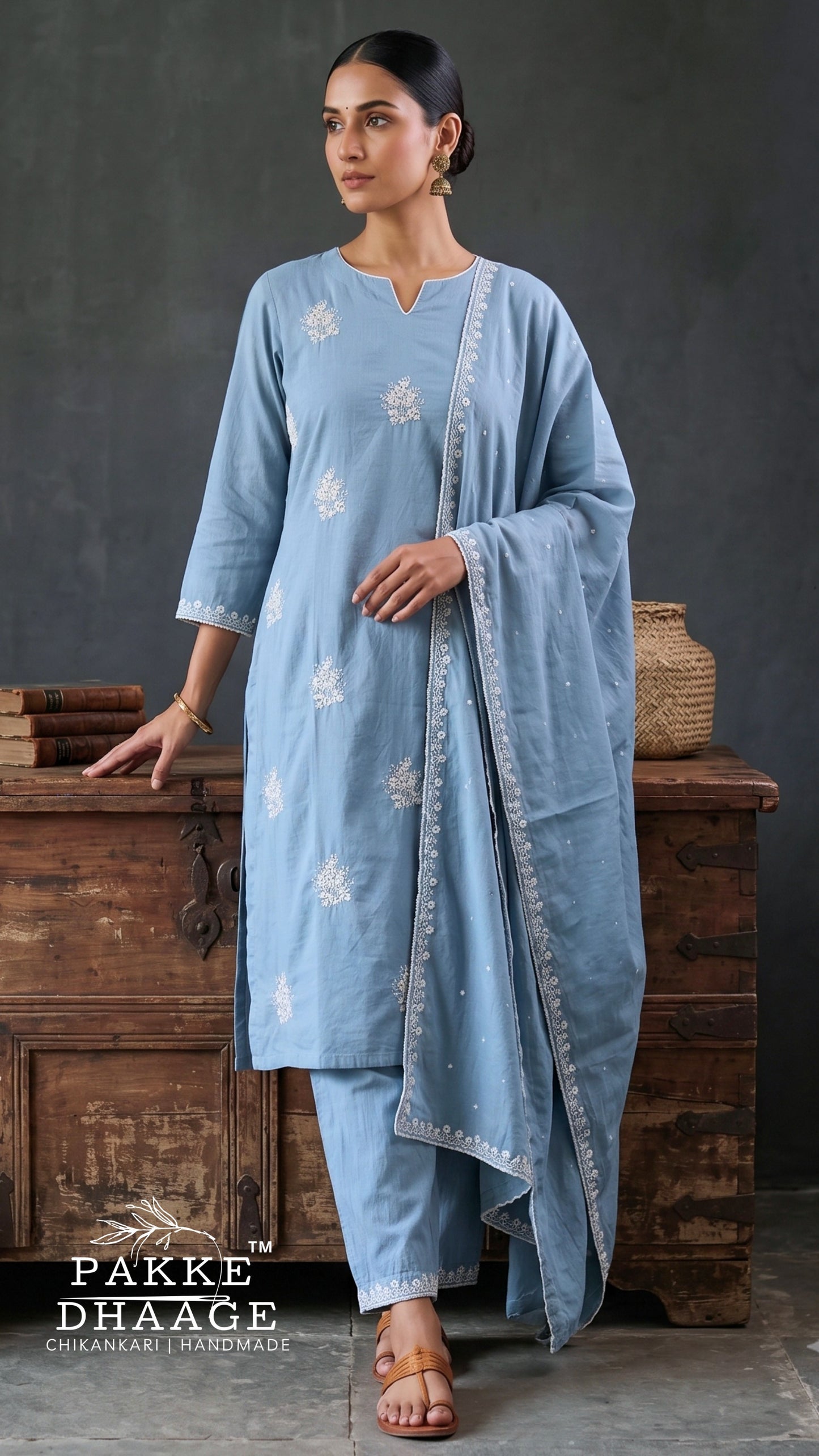 Powder Blue Floral Embroidered Pure Cotton Kurta Set with Dupatta (3-Piece)