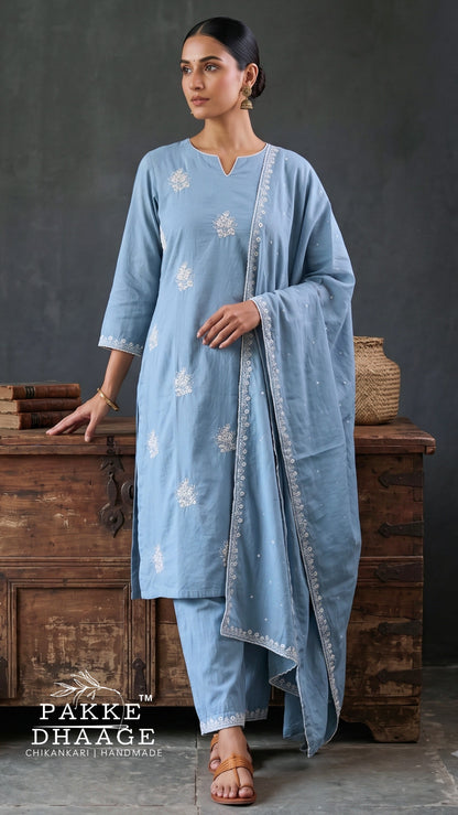 Powder Blue Floral Embroidered Pure Cotton Kurta Set with Dupatta (3-Piece)